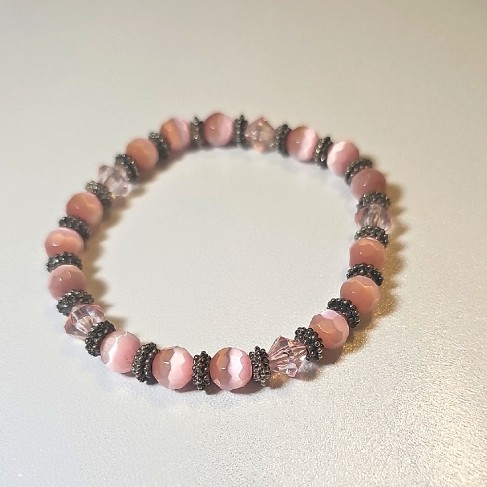 Elegant Pink Cats Eye Gemstone Beaded Stretchy Bracelet.